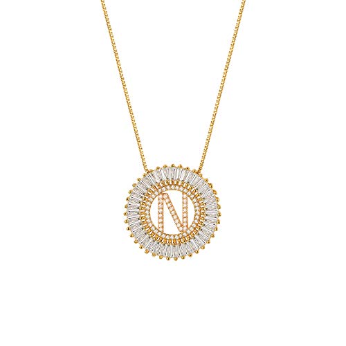 Flongo Damenkette Frauen Anhänger Kette Medaillon Halskette aus Edelstahl Namen Alphabete N Buchstaben Anhänger in Gold Ton Elegant von Flongo