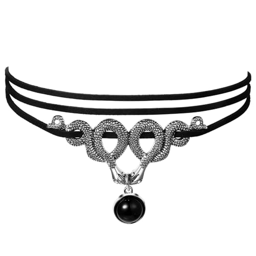 Flongo Doppelschlangen Choker Halskette für Frauen: Schwarzer Gotische Samt Halsband mit Zinklegierung Schlangen Anhänger Verstellbares Mehrschichtiges kette Geschenk für Damen von Flongo
