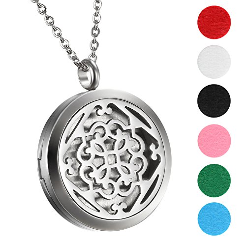 Flongo Duft Kette Aromatherapie Aroma: Halskette für Ätherische Öle Edelstahl Duftkette Diffuser mit 6 Farbigen Filz Pads ölpads Silber für Damen Frauen von Flongo