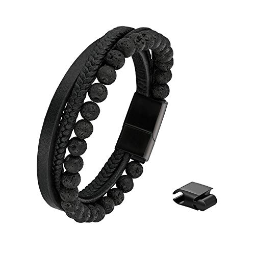 Flongo Herren Lederarmband mit Naturstein Perlen Geflochten Premium Leder Braid Buddhistisch Armband Manschette Armreif Lava Stein Kugel Kette Magnet Verschluss für Männer Vatertagsgeschenk Schwarz von Flongo