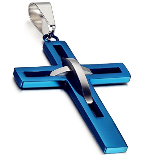 Flongo Kreuz Kette Herren blau: Kreuzkette Männer Halskette Anhänger Edelstahl Kettenanhänger kruzifix jesus taufkette Schmuck massiv Ostern Weihnachten Geschenk für Jung Damen Frauen 54cm lang von Flongo