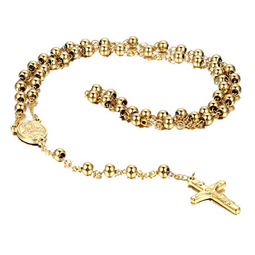 Flongo Rosenkranz Kette Männer Kette Frauen Halskette aus Edelstahl mit Jesus Kreuz Kruzifix Anhänger Gold Golden Jahrgang 30.7 Zoll Kette von Flongo