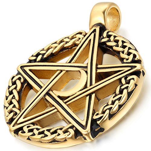 Flongo Edelstahl Anhänger Halskette Gold Golden Schwarz Pentagramm Fünfzackigen Stern Runde Kreis Circle Knoten Retro Herren,mit 55cm Kette von Flongo