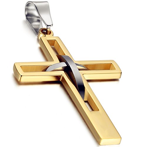 Flongo Kreuz Kette Herren gold: Kreuzkette Männer Halskette Anhänger Edelstahl Kettenanhänger kruzifix jesus taufkette Schmuck massiv Ostern Weihnachten Geschenk für Jung Damen Frauen 54cm lang von Flongo