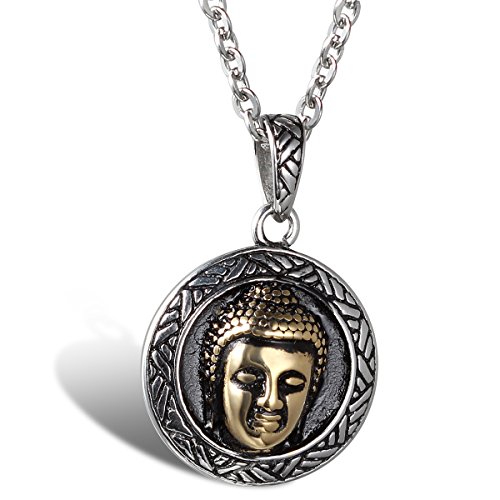 Flongo Edelstahl Anhänger Halskette Harz Silber Schwarz Gold Golden Buddha Buddhistische Amulett Retro Herren,mit 55cm Kette von Flongo