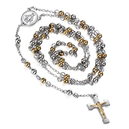 Flongo Edelstahl Anhänger Halskette Kette Gold Silber Jungfrau Maria Jesus Christus Kruzifix Kreuz Kugel Perle Perlen Rosenkranz Klassiker Retro Herren,Damen Flongo Edelstahl Anhänger Halskette Kette Gold Silber Jungfrau Maria Jesus Christus Kruzifix Kreuz Kugel Perle Perlen Rosenkranz Klassiker Retro Herren,Damen von Flongo
