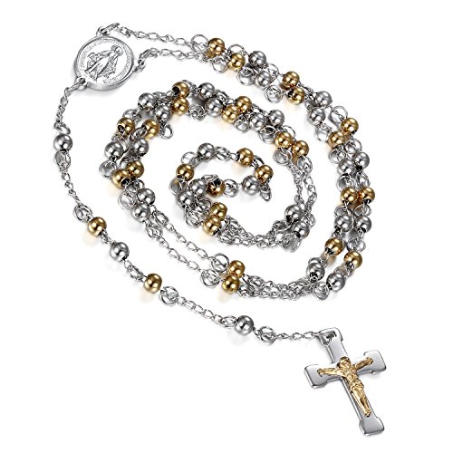 Flongo Edelstahl Anhänger Halskette Kette Gold Silber Jungfrau Maria Jesus Christus Kruzifix Kreuz Kugel Perle Perlen Rosenkranz Klassiker Retro Herren,Damen von Flongo