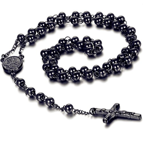 Flongo Rosenkranz Männer Kette Frauen Halskette aus Edelstahl mit Jesus Kreuz Anhänger Kugelkette Silber Schwarz Rose Gold von Flongo