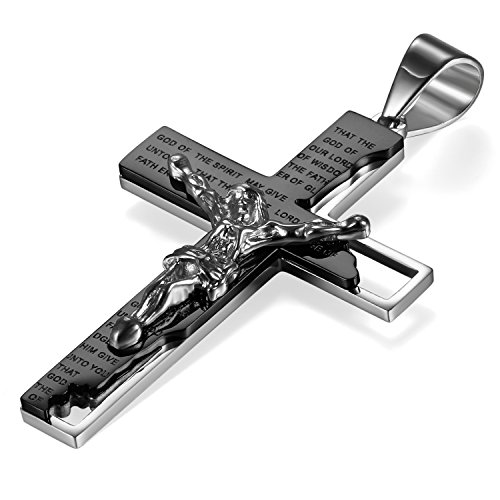 Flongo Kreuz Kette Herren Jesus: schwarz Kruzifix kreuzkette königskette mit eisernes kreuz Anhänger Halskette Edelstahl Bibel Gebet Cross Necklace Pendant eisernes kreuz für Auto Männer Damen Jungen von Flongo