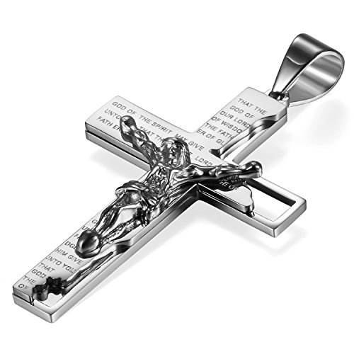 Flongo Kreuz Kette Herren Jesus: silber Kruzifix kreuzkette königskette mit eisernes kreuz Anhänger Halskette Edelstahl Bibel Gebet Cross Necklace Pendant eisernes kreuz für Auto Männer Damen Jungen von Flongo