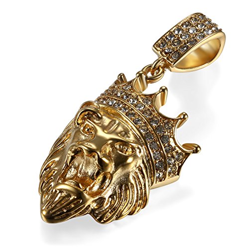 Flongo Edelstahl Anhänger Halskette Kette Strass Gold Golden King's Landing Krone Löwenkopf Löwe Kopf Motorradfahrer Biker Herren Männer, mit 56cm Kette Herrenkette von Flongo