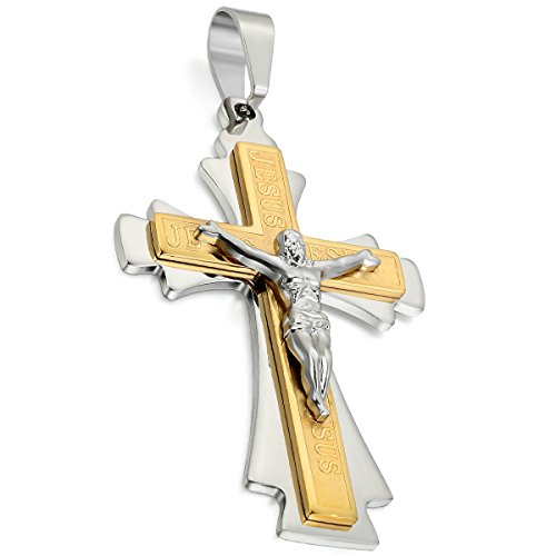 Flongo Edelstahl Anhänger Halskette Silber Gold Golden Jesus Christus Kruzifix Kruzifix Kreuz Retro Herren,mit 55cm Kette von Flongo