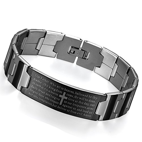 Flongo Edelstahl Armband Armreif Link Handgelenk Schwarz Silber Kruzifix Kreuz Englisch Bibel Herr Gebet Klassiker Charm Herren von Flongo