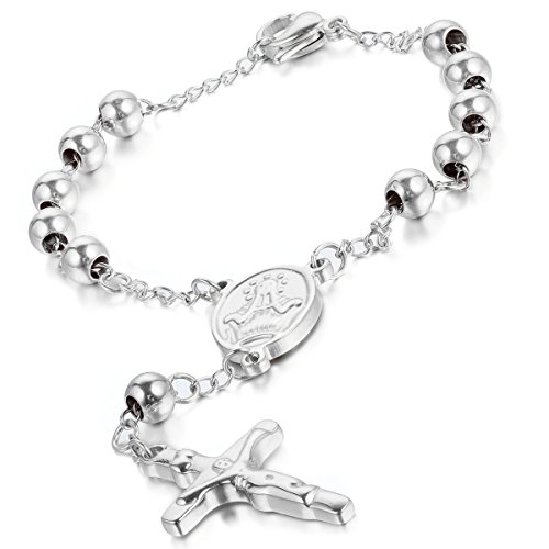 Flongo Edelstahl Armband Armreif Link Handgelenk Silber Jesus Christus Kruzifix Kreuz Kugel Perle Perlen Retro Herren,Damen von Flongo