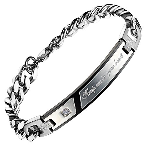 Flongo Edelstahl Armband Armreif Panzerarmband Silber Schwarz Keep Me in Your Heart Lieben Valentines Partner His & Hers Setzen Charm Elegant Herren von Flongo