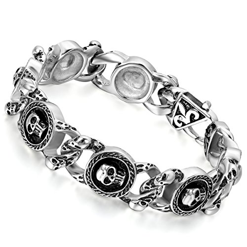 Flongo Edelstahl Armband Link Handgelenk Silber Schwarz Totenkopf Schädel Kreis Gotik Motorradfahrer Biker Herren von Flongo