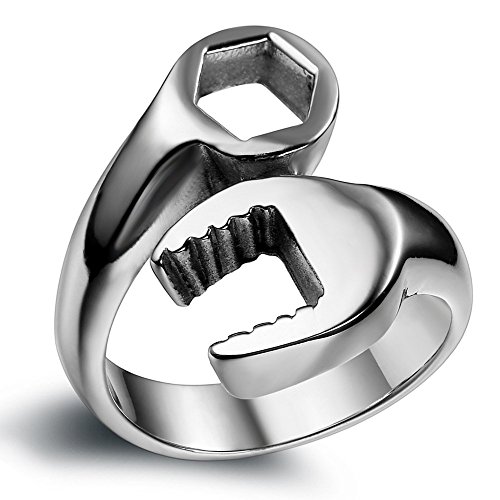 Flongo Herren Ring Männer Ring Siegelring Bandring Daumenring Edelstahlring Mechaniker Schraubenschlüssel Silber Ton Biker Motorradfahrer Herren-Accessoires Größe 67 von Flongo