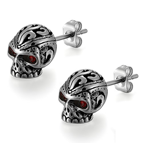 Flongo Edelstahl CZ Zirkon Zirkonia Gestüt Stecker Ohrringe Ohrstecker Ohrhänger Fake Plug Fakeplugs Silber Schwarz Rot Totenkopf Schädel Punk Biker Herren von Flongo