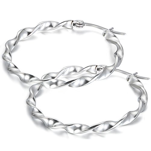 Flongo Edelstahl Gestüt Stecker Creolen Huggie Ohrringe Ohrstecker Ohrhänger Silber verdreht Runde Kreis Circle Polished Charm Charme Elegant Damen, Durchmesser 30 mm von Flongo