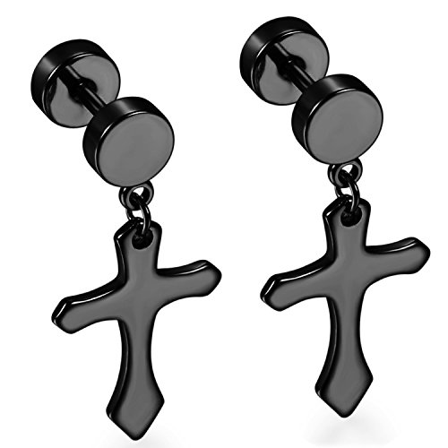 Flongo Herren Kreuz Ohrhänger Edelstahl fake plug tunnel Gestüt mit hängend Kreuz Huggie Ohrringe Ohrstecker Kruzifix Kreuz Gotik Punk Rock Geschenk für Männer Damen cross earrings Schwarz von Flongo