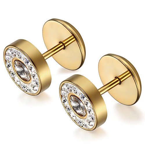 Flongo Edelstahl Gestüt Stecker Ohrringe Ohrstecker Ohrhänger Fake Plug Fakeplugs Strass Glas Gold Golden Rund Charms Charme Herren von Flongo