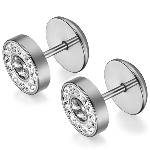 Flongo Edelstahl Gestüt Stecker Ohrringe Ohrstecker Ohrhänger Fake Plug Fakeplugs Strass Glas Silber Rund Charms Charme Herren von Flongo