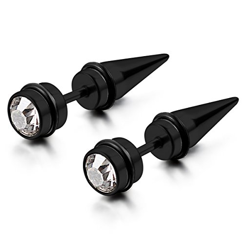 Flongo Edelstahl Gestüt Stecker Ohrringe Ohrstecker Ohrhänger Strass Schwarz Screw Spike Spitze Schraube Fake Plug Taper Kegel Herren von Flongo