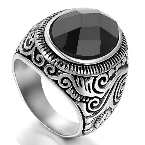 Flongo Edelstahl Glas Ring Ringe Schwarz Silber Blume Gravierte Gravur Biker Retro Herren 54mm von Flongo