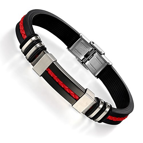 Flongo Edelstahl Gummi Kautschuk Leder Armband Armreif Lederarmband Manschette Geflochten Schwarz Silber Rot Motorradfahrer Biker Punk Rock Herren von Flongo