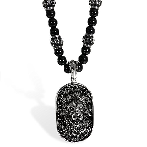 Flongo Herren Halskette Edelstahl mit Achat Onyx Perlen Kette Kugelkette Löwenkopf Löwe Kopf Anhänger Künstlicher Schwarz Silber Dog Tag für Männer schwarz von Flongo