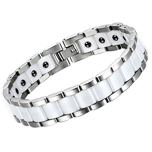 Flongo Edelstahl Keramik Porzellan Armband Link Handgelenk Hematit Silber Weiss Rechteckig Magnet Klassiker Herren von Flongo
