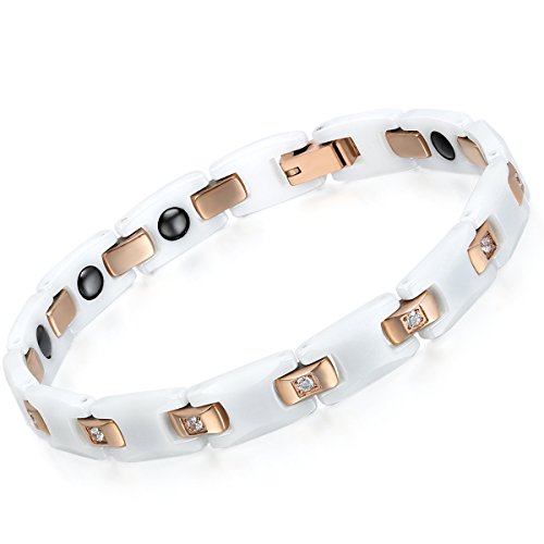 Flongo Keramik Armband Damen weiß rose gold Magnetarmband Porzellan Armreif Edelstahl Armkette mit Zirkonia Paar Pärchen Magnetisch für Frauen Männer Mädchen von Flongo