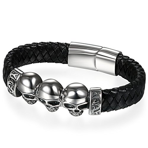 Flongo Herren Totenkopf Lederarmband Edelstahl Manschette Schwarz Geflochten Seil Schädel Skelett Armreif mit Magnet Schließe Verschluss punk Biker Männer Accessoires Vatertagsgeschenk Silber von Flongo