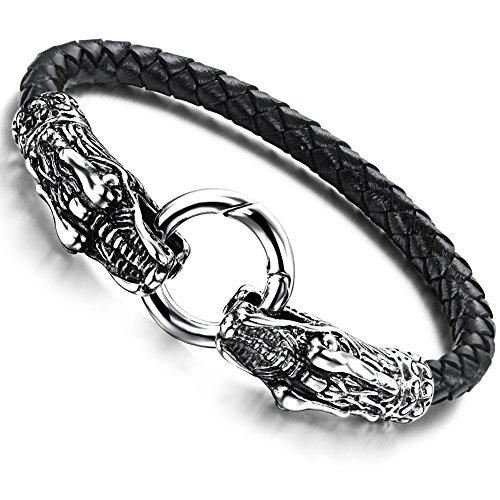 Flongo Edelstahl Leder Armband Armreif Manschette Silber Schwarz Drachenkopf Ring Geflochten Motorradfahrer Herren von Flongo