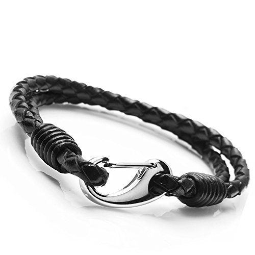 Flongo Edelstahl Leder Armband Armreif Manschette Silber Schwarz Geflochten Einfach Fashion Herren,Damen von Flongo