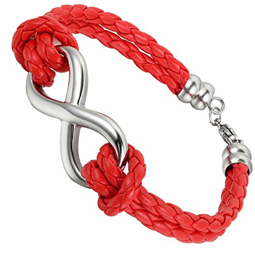 Flongo Edelstahl Leder Armband Armreifen Kordelkette Rot Silber Infinity Unendlichkeit Lieben Zeichen Symbol 8 Motorradfahrer Biker Damen von Flongo