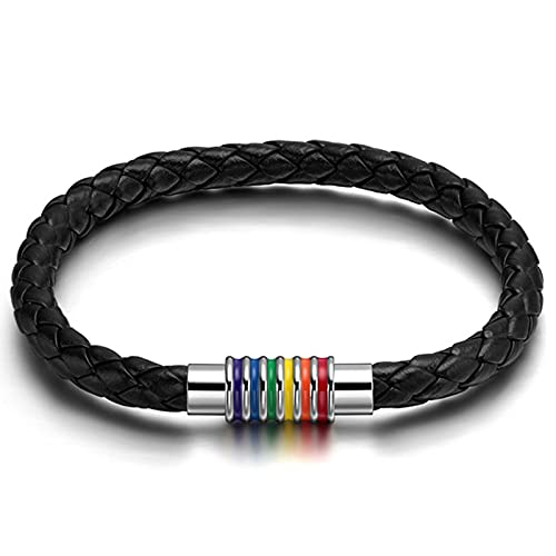 Flongo LGBT Lederarmband Leder Armband Armreifen Manschette Seil Schwarz Regenbogen Streifen Gay Pride Schwul Homosexual Homosexuell Magnet Schließe für Männer Frauen von Flongo