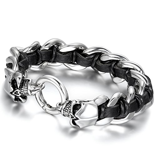 Flongo Edelstahl Leder Armband Link Handgelenk Schwarz Silber Totenkopf Schädel Biker Punk Rock Herren von Flongo