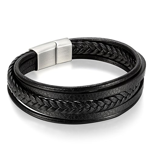 Flongo Leder Armband Herren Armband Männer Armreif, Edelstahl Leder Echtleder Armband Armreifen Kordelkette Seil Schwarz Surfer Wickeln Geflochten Motorradfahrer Biker von Flongo