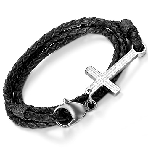 Flongo Edelstahl Leder Echtleder Armband Armreifen Manschette Schwarz Silber Englisch Bibel Herr Gebet Kruzifix Kreuz Motorradfahrer Biker Punk Rock Herren,Damen von Flongo