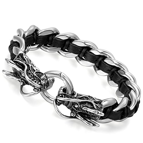 Flongo Edelstahl Leder Echtleder Armband Armreifen Manschette Silber Schwarz Doppel Doppelseitig Drachen Geflochten Motorradfahrer Biker Herren von Flongo