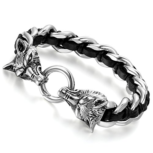 Flongo Edelstahl Leder Echtleder Armband Armreifen Manschette Silber Schwarz Wolf Geflochten Gotik Motorradfahrer Biker Herren von Flongo