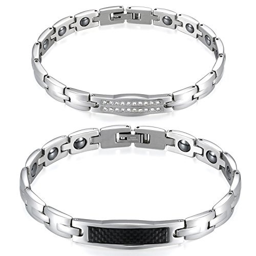 Flongo Edelstahl Magnet Therapie Kugel Kohlenstoff Carbon Fiber Kohlefaser Strass Armband Armreif Magnetarmband Partnerarmbänder Silber Gesundheit Paar Set Geschenk Damen, Herren von Flongo
