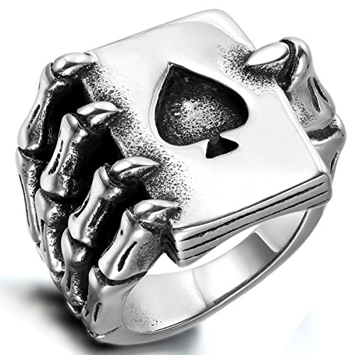 Flongo Herrenring Männer Ring Daumenring Bandring Siegel Ringe Biker Silber Spielkarte Pik-Ass Spades A Poker Karten Totenkopf Schädel Hand Herren-Accessoires Größe 67 von Flongo