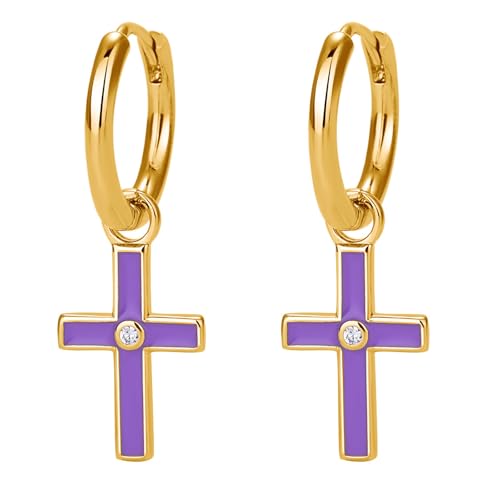 Flongo Emaille Ohrringe mit Kreuz für Damen: Lila Gold 925 Sterling Silber Huggies Kreuz Anhänger Hypoallergene Preppy Creolen Klein Tropfemaille Ohrhänger Edelstahl Elegant Schmuck für Mädchen von Flongo
