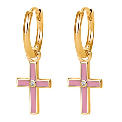 Flongo Emaille Ohrringe mit Kreuz für Damen: Rosa Gold 925 Sterling Silber Huggies Kreuz Anhänger Hypoallergene Preppy Creolen Klein Tropfemaille Ohrhänger Edelstahl Elegant Schmuck für Mädchen von Flongo