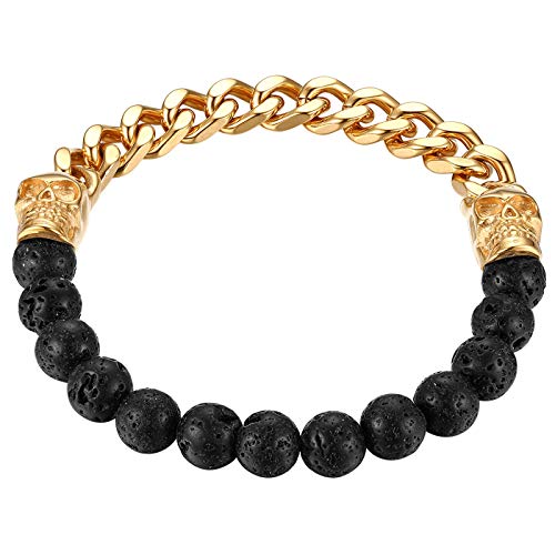 Flongo Energie Armband Energiearmband Edelstahl Herren Armband Männer Panzerkette mit Löwenkopf Lava EnergieStein Gold Schwarz Gebet Mala Kugel Perle Perlen von Flongo