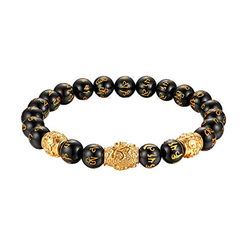 Flongo Energie Armband Energiearmband Mantra in Sanskrit Herren Armband Männer mit Achat EnergieStein Edelstahl Gold Schwarz Gebetskette Kugel Perle Perlen von Flongo