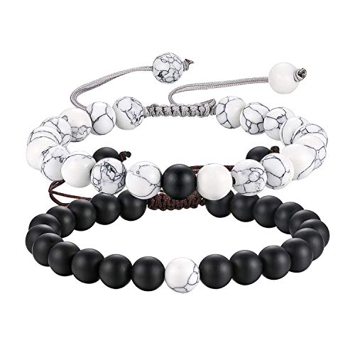 Flongo Energie Armband Partner Armbänder Freundschaftsarmband BFF Armbänder, 2 Stück Energiearmband Lava Mala EnergieStein Tiger-Auge Lava Türkis Gebet Mala Kugel Perle Herren,Damen Modell E von Flongo