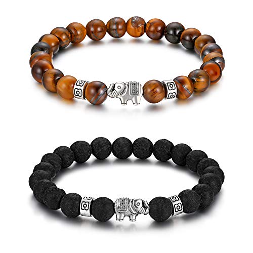 Flongo Energie Armband Yoga Kugelkette, Energiearmband Energie Armband Tiger-Auge Lava Silber Braun Schwarz Elefant Gebet Mala Perle Perlen Herren,Damen 2 Stück von Flongo